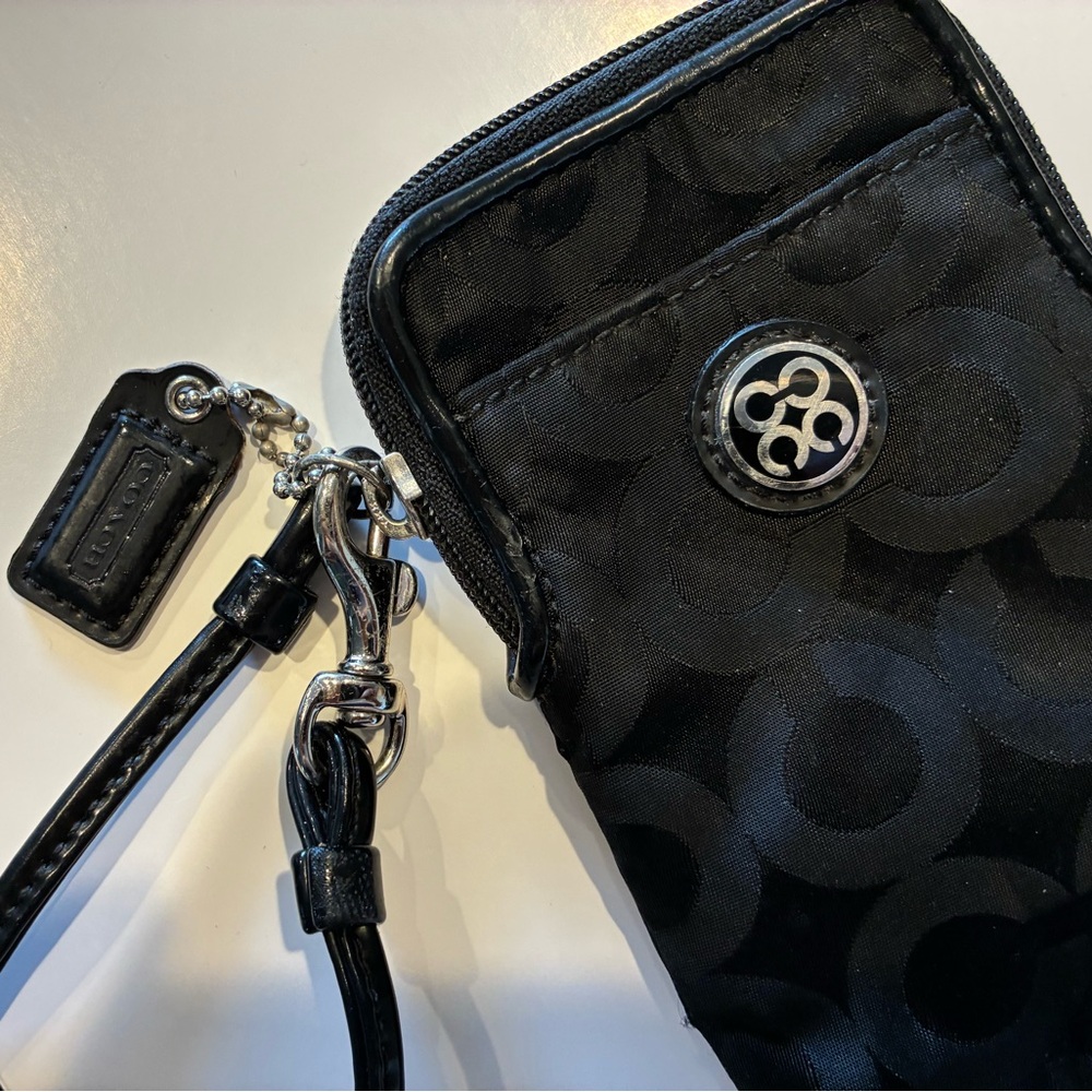 2000s Coach Black Phone Wristlet with Signature Pattern